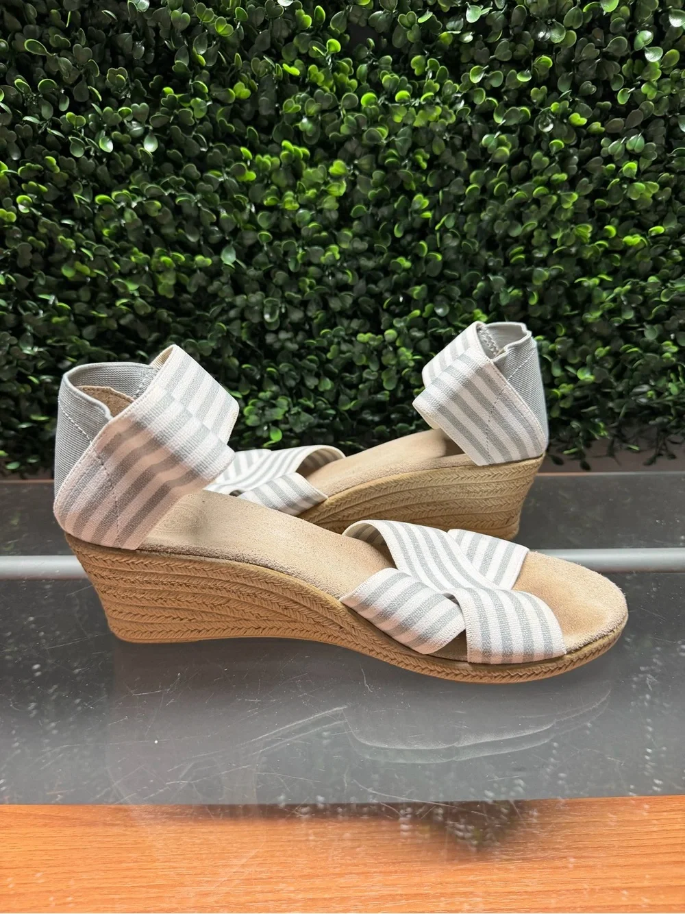 CHARLESTON SHOE CO. Striped Ankle-Wrap Wedge Sandals - Light Blue & White